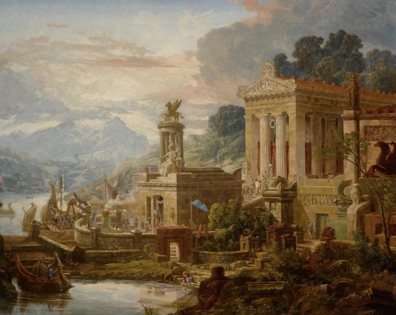 Classical painting of an ancient harbor and temple